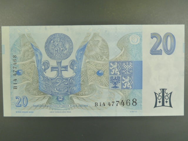 20 Kč 1994 s. B 14 proužek vlevo, Baj. CZ 10b, Pi. 10b