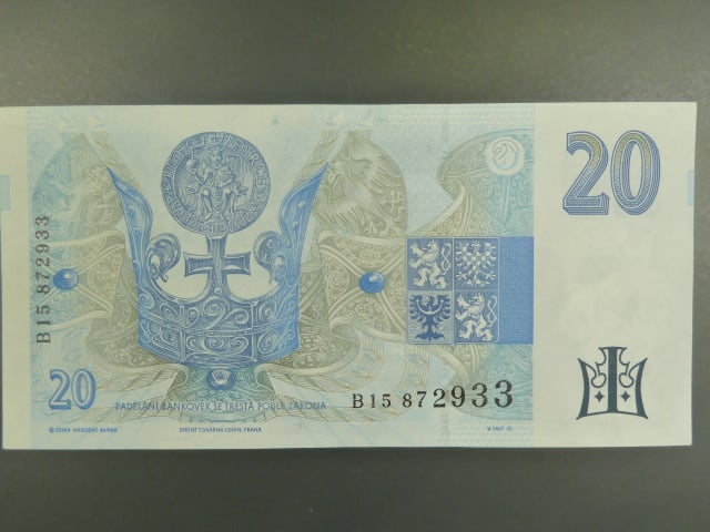 20 Kč 1994 s. B 15 proužek vlevo, Baj. CZ 10b, Pi. 10b