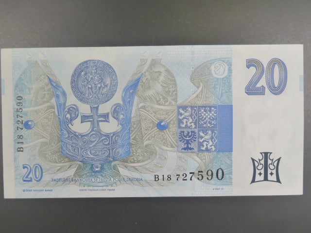 20 Kč 1994 s. B 18 proužek vlevo, Baj. CZ 10b, Pi. 10b