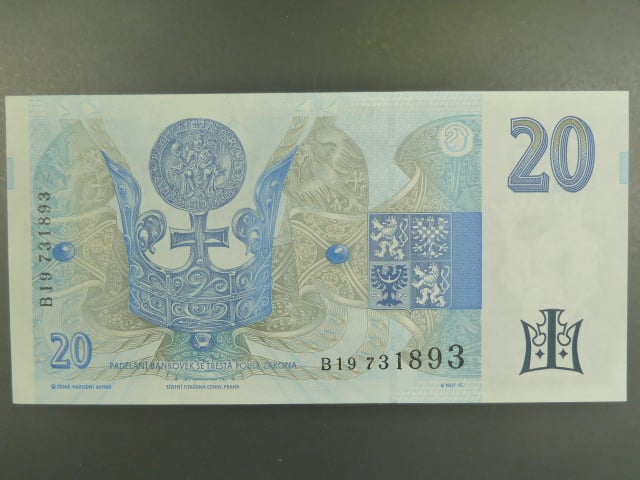 20 Kč 1994 s. B 19 proužek vlevo, Baj. CZ 10b, Pi. 10b