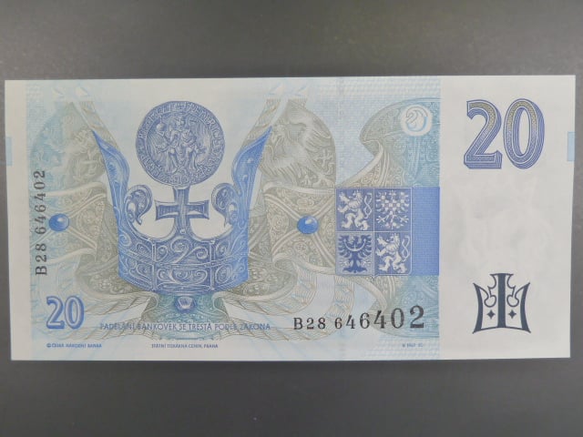20 Kč 1994 s. B 28 proužek vlevo, Baj. CZ 10b, Pi. 10b