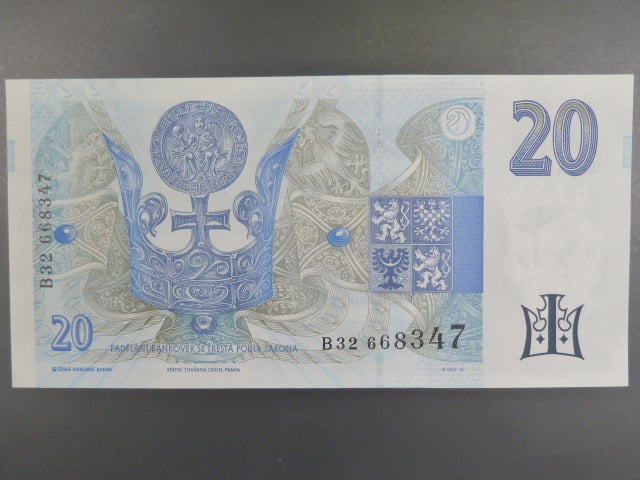 20 Kč 1994 s. B 32 proužek vlevo, Baj. CZ 10b, Pi. 10b
