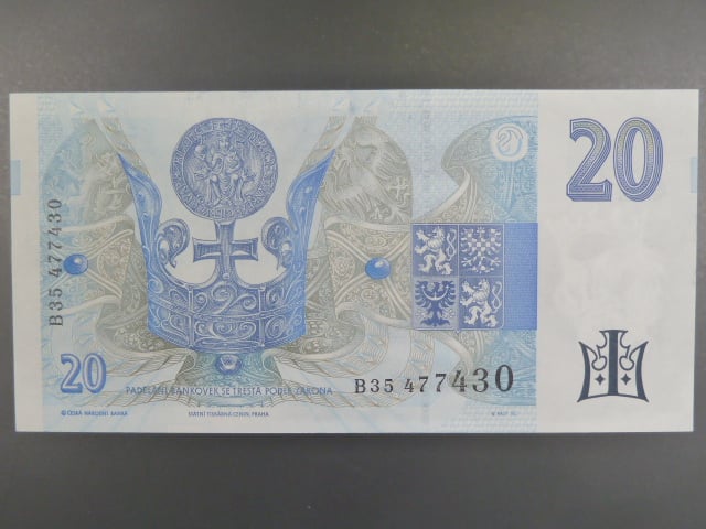 20 Kč 1994 s. B 35 proužek vlevo, Baj. CZ 10b, Pi. 10b