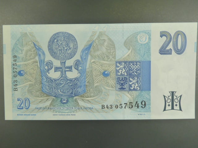 20 Kč 1994 s. B 43 proužek vlevo, Baj. CZ 10b, Pi. 10b