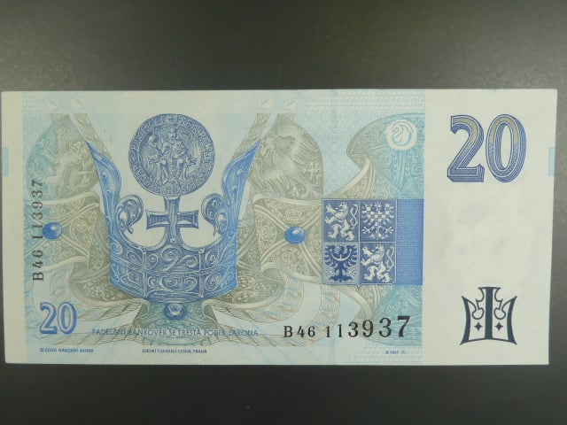 20 Kč 1994 s. B 46 proužek vlevo, Baj. CZ 10b, Pi. 10b