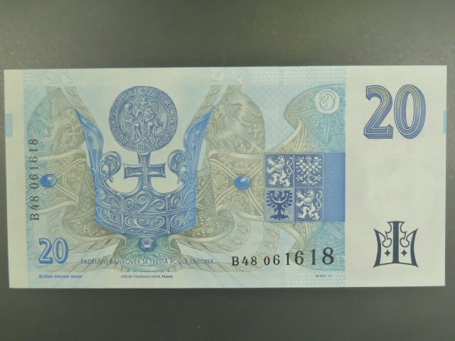 20 Kč 1994 s. B 48 proužek vlevo, Baj. CZ 10b, Pi. 10b