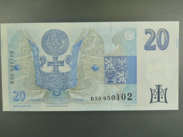 20 Kč 1994 s. B 50 proužek vlevo, Baj. CZ 10b, Pi. 10b