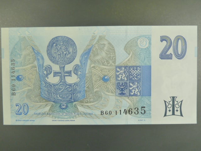 20 Kč 1994 s. B 60 proužek vlevo, Baj. CZ 10b, Pi. 10b