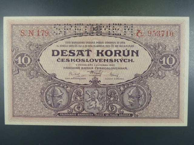 10 Kčs 2.1.1927 série N 179, perf. SPECIMEN