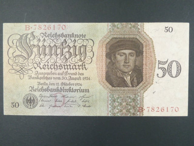 Německo, 50 RM 1924 série B, podtiskové písmeno D