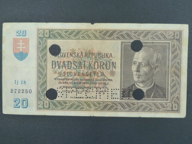 20 Ks 15.9.1939 serie Ij 18, perf. SPECIMEN + 4x skartační otvor