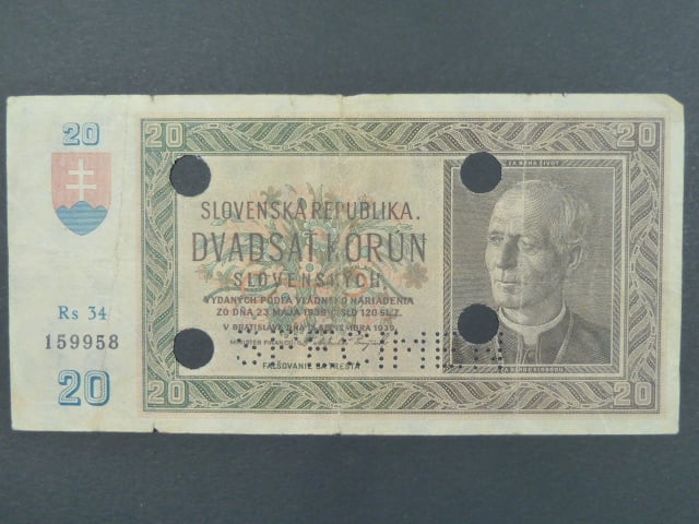 20 Ks 15.9.1939 serie Rs 34, perf. SPECIMEN + 4x skartační otvor
