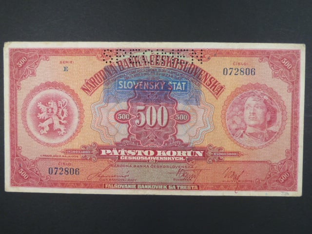 500 Ks 2.5.1929 s pretiskem, serie E, perf. SPECIMEN