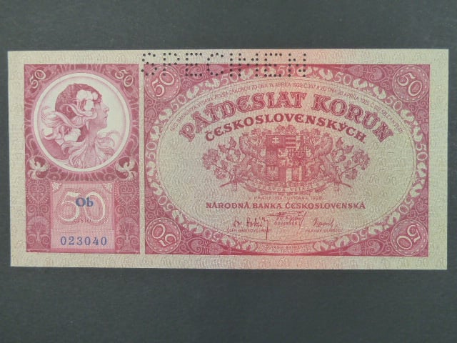 50 Kč 1.10.1929 série Ob, perf. SPECIMEN