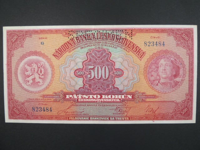 500 Kč 2.5.1929 série G, 1x perf. SPECIMEN