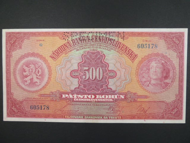 500 Kč 2.5.1929 série G, 1x perf. SPECIMEN
