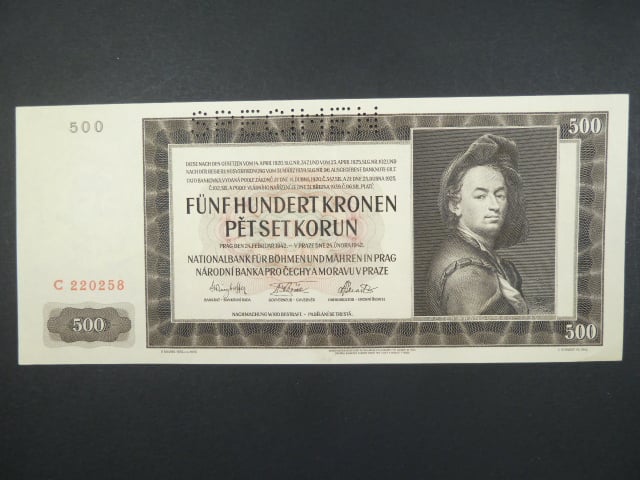 500 K 24.2.1942, I. vydání, série C, perf. SPECIMEN