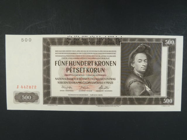500 K 24.2.1942, I. vydání, série J, perf. SPECIMEN - bílý papír