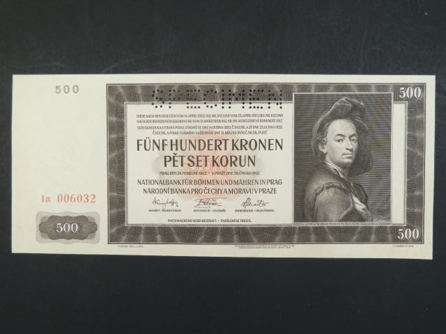 500 K 24.2.1942, II. vydání, série Ia, perf. SPECIMEN - bílý papír