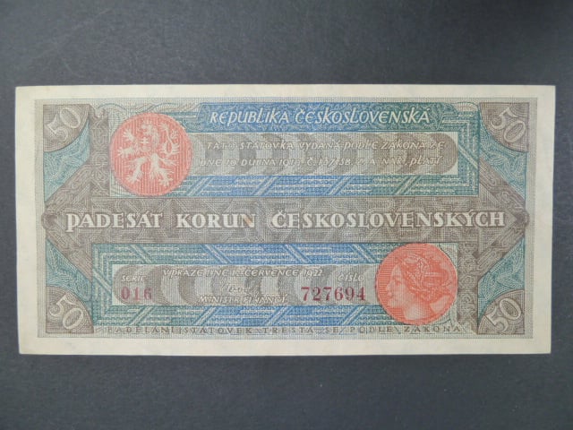50 Kč 12.7.1922, série 016, velmi pěkný stav