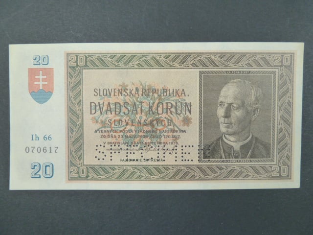 20 Ks 15.9.1939 serie Ih 66, perf. SPECIMEN