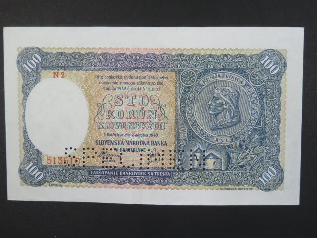 100 Ks 7.10.1940 I.vydání, série N 2, perf. SPECIMEN