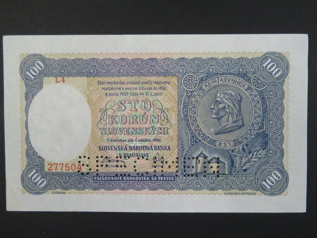 100 Ks 7.10.1940 I.vydání, série L 4, perf. SPECIMEN