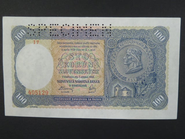 100 Ks 7.10.1940 I.vydání, série I 7, perf. SPECIMEN