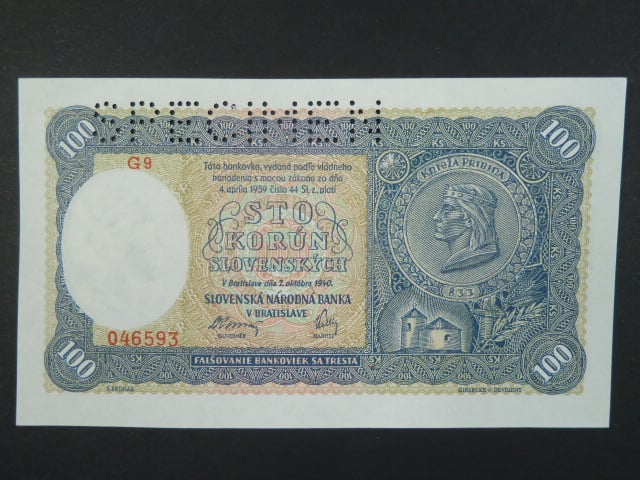 100 Ks 7.10.1940 I.vydání, série G 9, perf. SPECIMEN