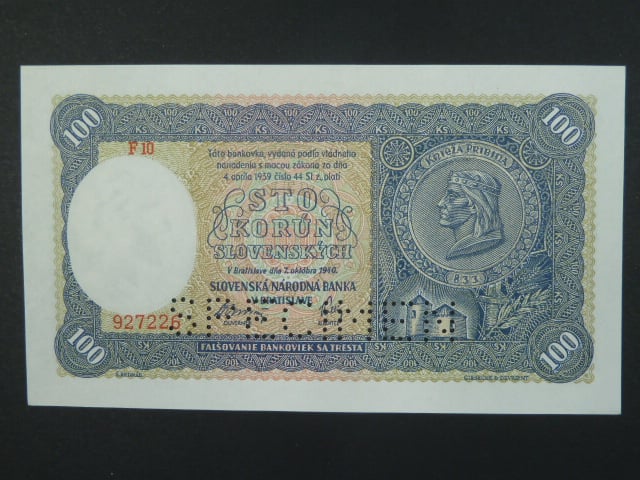 100 Ks 7.10.1940 I.vydání, série F 10, perf. SPECIMEN