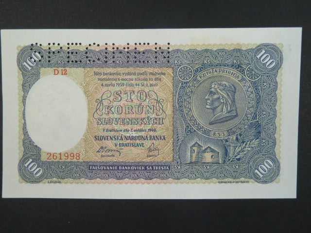 100 Ks 7.10.1940 I.vydání, série D 12, perf. SPECIMEN