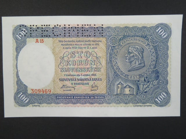 100 Ks 7.10.1940 I.vydání, série A 15, perf. SPECIMEN