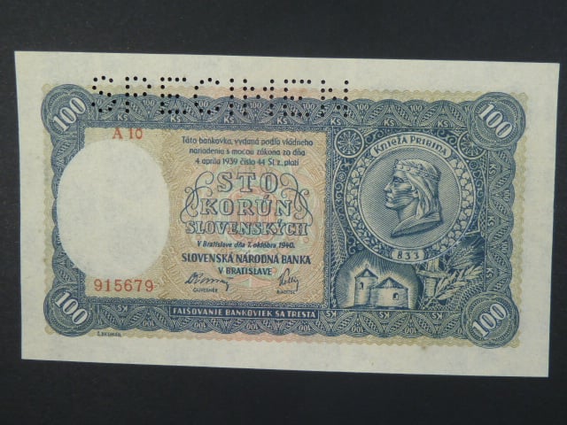 100 Ks 7.10.1940 II.vydání, série A 10, perf. SPECIMEN
