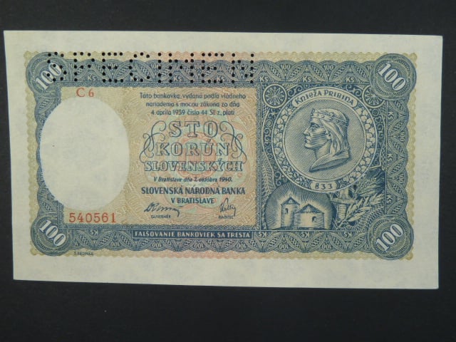 100 Ks 7.10.1940 II.vydání, série C 6, perf. SPECIMEN