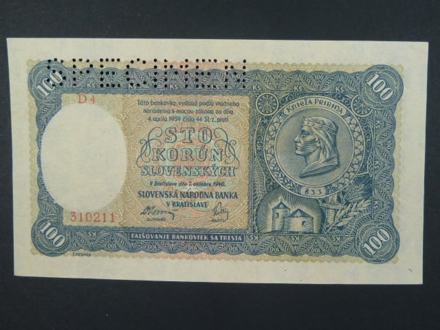 100 Ks 7.10.1940 II.vydání, série D 4, perf. SPECIMEN