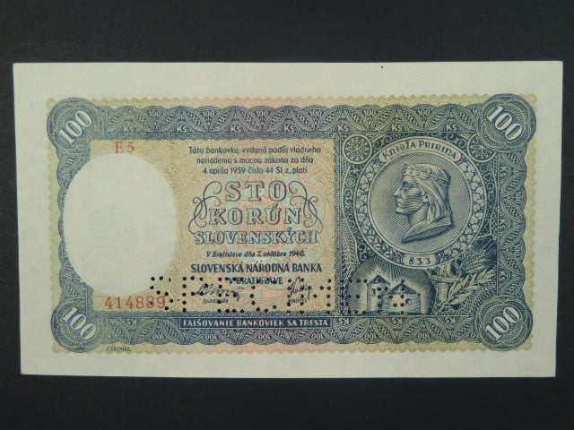 100 Ks 7.10.1940 II.vydání, série E 5, perf. SPECIMEN