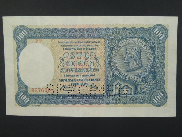 100 Ks 7.10.1940 II.vydání, série F 9, perf. SPECIMEN