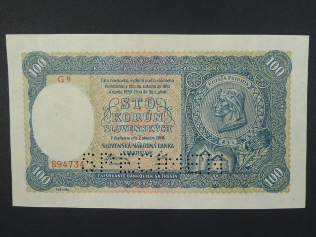 100 Ks 7.10.1940 II.vydání, série G 9, perf. SPECIMEN