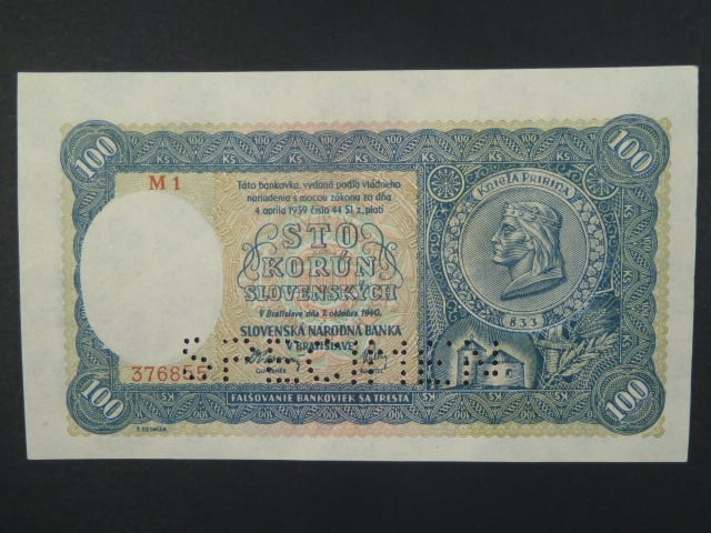 100 Ks 7.10.1940 II.vydání, série M 1, perf. SPECIMEN