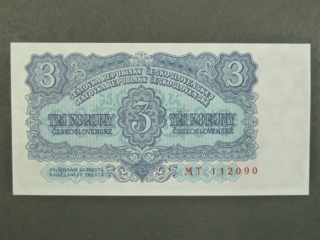 3 Kčs 1953 série MT, tiskárna STC Praha