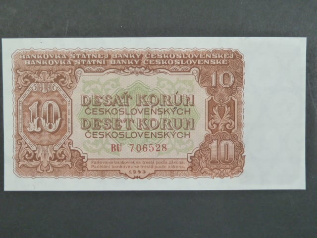 10 Kčs 1953 série BU, tiskárna Goznak Moskva, perf. 3md
