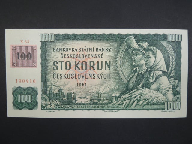 100 Kč 1961 s. X 55 (malá průsvitka) II.vydání, kolek, Baj. CZ 1e, Pi. 1