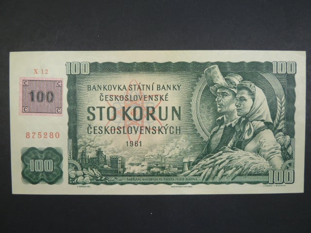 100 Kč 1961 s. X 12 (velká průsvitka) I.vydání, kolek, Baj. CZ 1d, Pi. 1