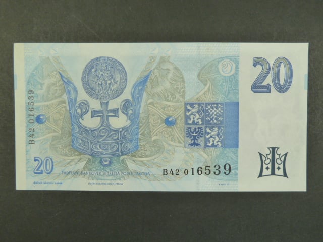 20 Kč 1994 s. B 42 proužek vlevo, Baj. CZ 10b, Pi. 10b