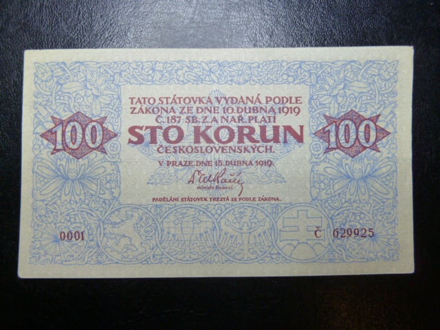 100 Kč 15.4.1919 série 0001, dobový padělek typ 7 "Meszaros"