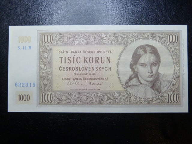 1000 Kčs 9.5.1951 nevydaná, série 11 B, certifikát ČNB