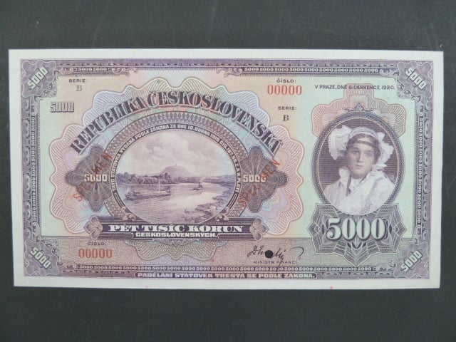 5000 Kč 6.7.1920 série B anulát 2x přetisk SPECIMEN + 1x perf. otvor, Ba. 17s, Pi. 19s
