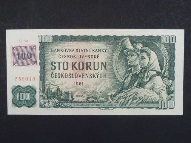 100 Kč 1961 s. G 30 I.vydání, kolek, Baj. CZ 1d, Pi. 1