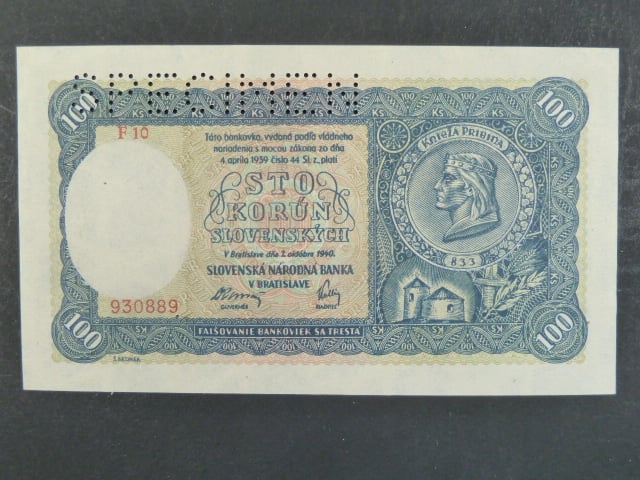 100 Ks 7.10.1940 II.vydání, série F 10, perf. SPECIMEN