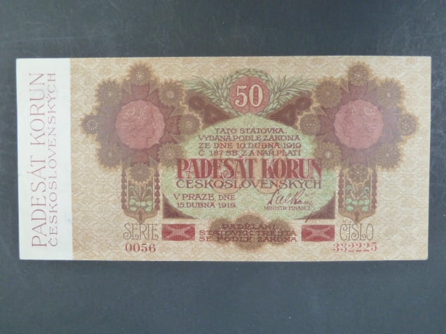 50 Kč 15.4.1919 série 0056, velmi pěkná kvalita
